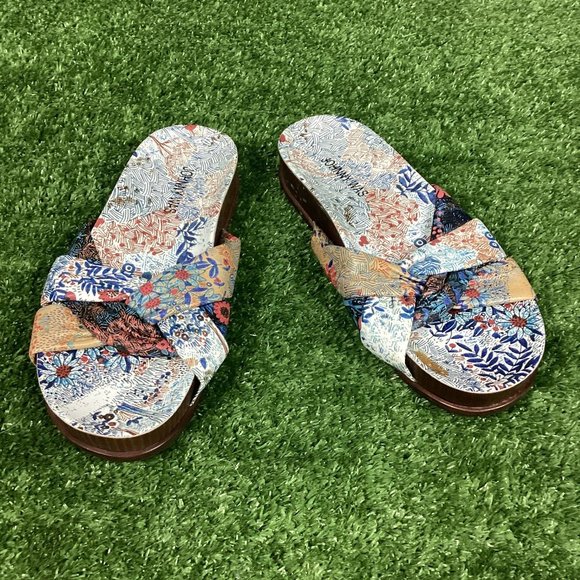 Johnny Was Sandals Leather Sunny Garden Twist Slip On Floral Blue - Picture 1 of 13